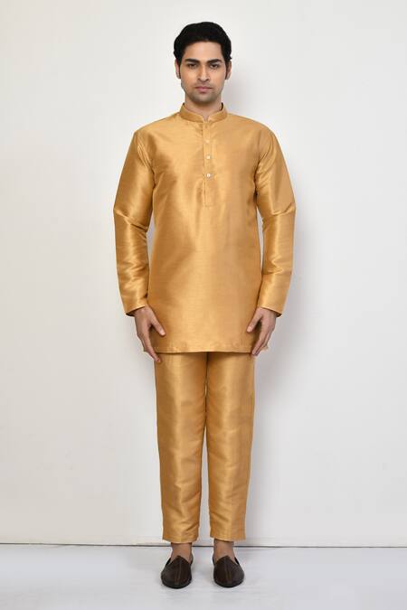 Buy_Arihant Rai Sinha_Gold Silk, Cotton Full Sleeve Short Kurta _Online_at_Aza_Fashions