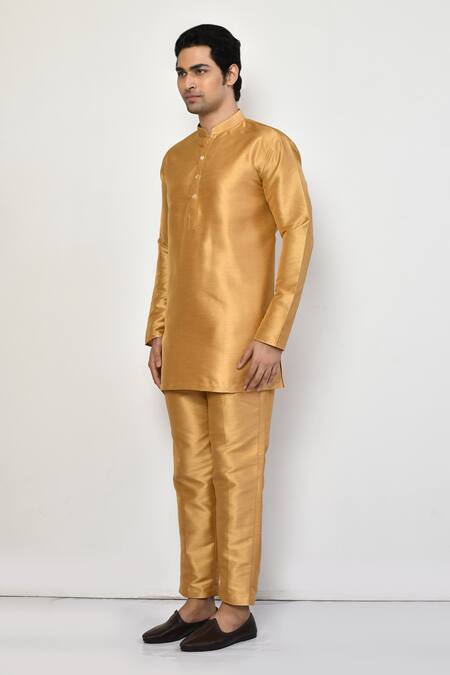 Shop_Arihant Rai Sinha_Gold Silk, Cotton Full Sleeve Short Kurta _Online_at_Aza_Fashions