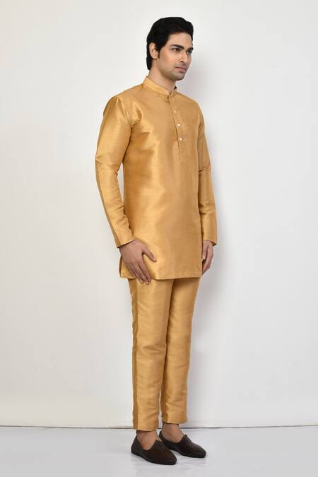 Arihant Rai Sinha_Gold Silk, Cotton Full Sleeve Short Kurta _at_Aza_Fashions