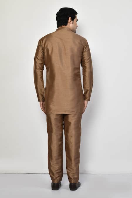 Shop Arihant Rai Sinha Gold Silk, Cotton Mandarin Collar Solid Kurta at Aza Fashions Shop_Arihant Rai Sinha_Gold Silk, Cotton Mandarin Collar Solid Kurta _at_Aza_Fashions