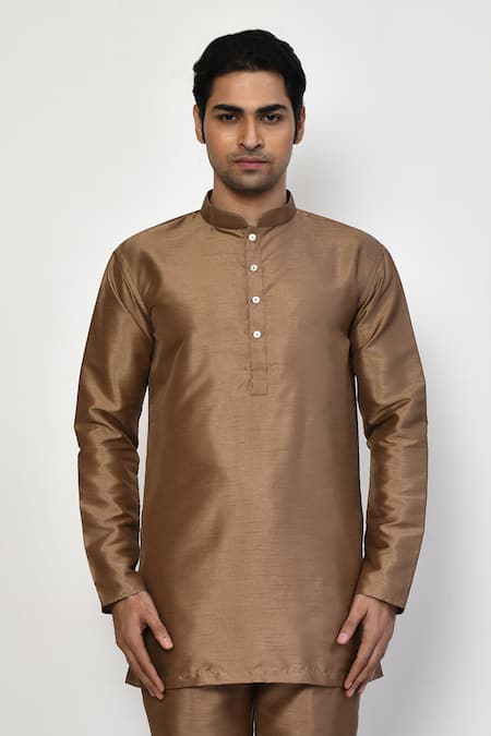 Arihant Rai Sinha Gold Silk, Cotton Mandarin Collar Solid Kurta Online at Aza Fashions Arihant Rai Sinha_Gold Silk, Cotton Mandarin Collar Solid Kurta _Online_at_Aza_Fashions