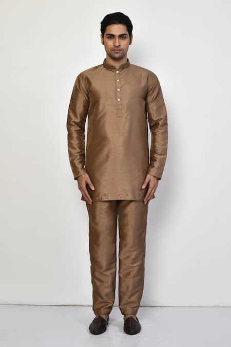 Buy Arihant Rai Sinha Gold Silk, Cotton Mandarin Collar Solid Kurta Online at Aza Fashions Buy_Arihant Rai Sinha_Gold Silk, Cotton Mandarin Collar Solid Kurta _Online_at_Aza_Fashions