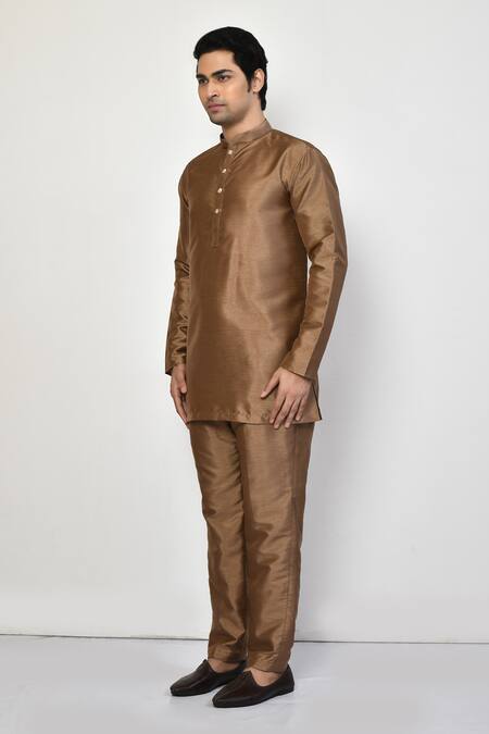 Shop Arihant Rai Sinha Gold Silk, Cotton Mandarin Collar Solid Kurta Online at Aza Fashions Shop_Arihant Rai Sinha_Gold Silk, Cotton Mandarin Collar Solid Kurta _Online_at_Aza_Fashions