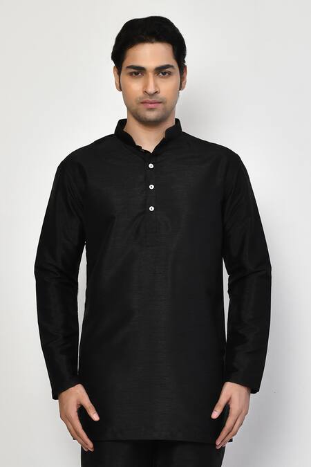 Arihant Rai Sinha_Black Silk, Cotton Plain Straight Short Kurta _Online_at_Aza_Fashions