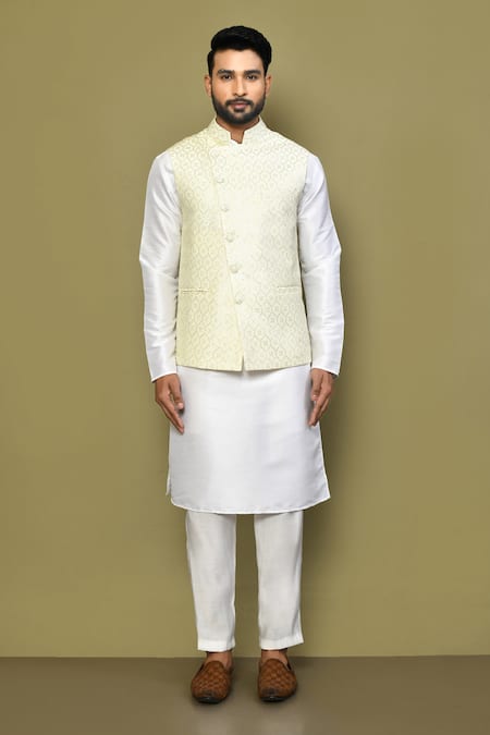 Buy_Arihant Rai Sinha_Beige Silk, Cotton Sequins, Embroidery Bundi _Online_at_Aza_Fashions