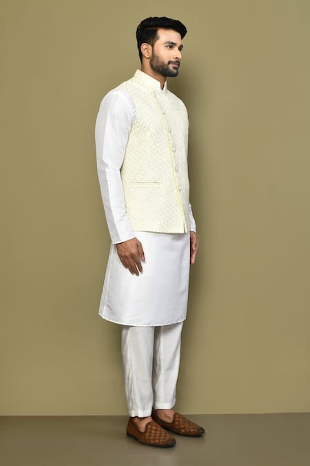 Arihant Rai Sinha_Beige Silk, Cotton Sequins, Embroidery Bundi _at_Aza_Fashions