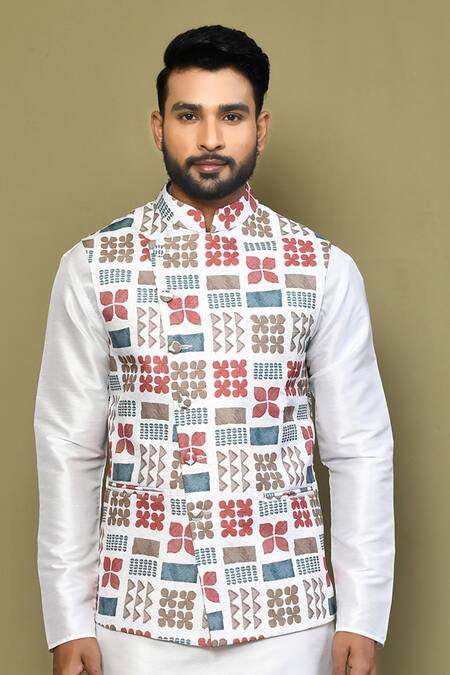 Arihant Rai Sinha_White Silk, Cotton Embroidery Sleeveless Thread Work Bundi_Online_at_Aza_Fashions
