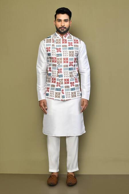 Buy_Arihant Rai Sinha_White Silk, Cotton Embroidery Sleeveless Thread Work Bundi_Online_at_Aza_Fashions