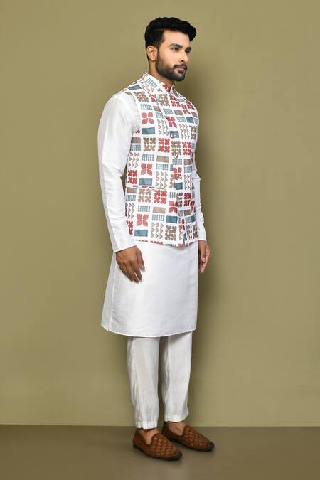 Arihant Rai Sinha_White Silk, Cotton Embroidery Sleeveless Thread Work Bundi_at_Aza_Fashions