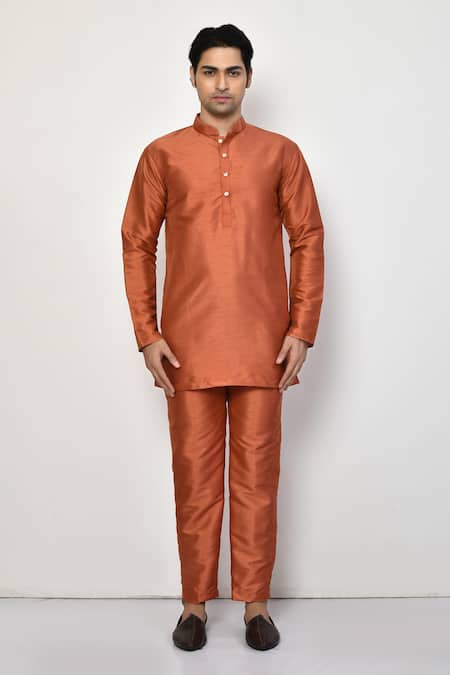 Buy_Arihant Rai Sinha_Orange Silk, Cotton Short Plain Kurta _Online_at_Aza_Fashions