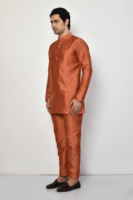 Shop_Arihant Rai Sinha_Orange Silk, Cotton Short Plain Kurta _Online_at_Aza_Fashions