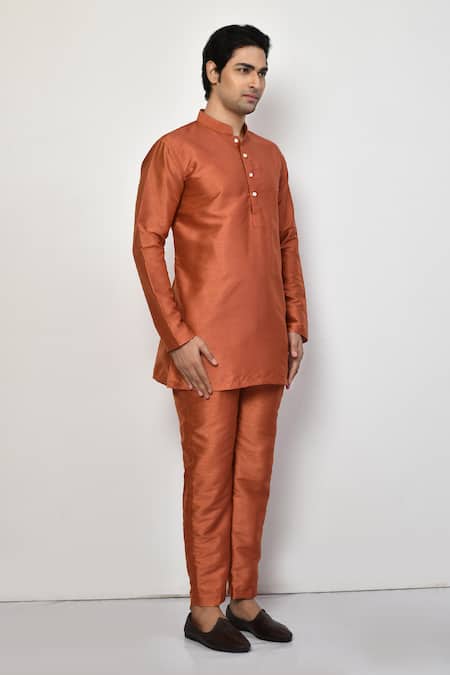 Arihant Rai Sinha_Orange Silk, Cotton Short Plain Kurta _at_Aza_Fashions