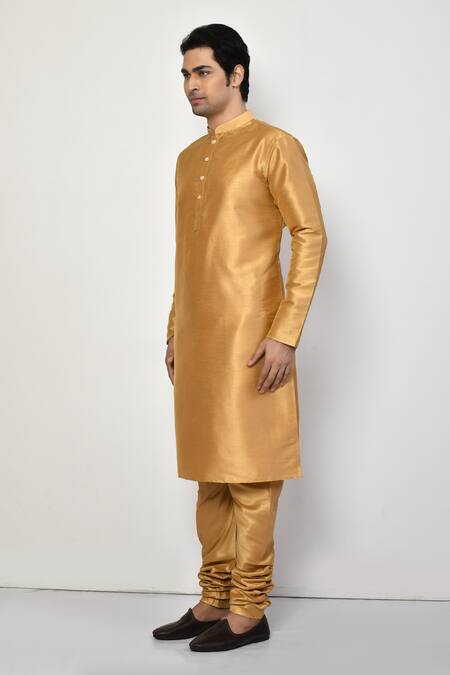 Shop Arihant Rai Sinha Gold Silk, Cotton Metallic Plain Long Kurta Online at Aza Fashions Shop_Arihant Rai Sinha_Gold Silk, Cotton Metallic Plain Long Kurta _Online_at_Aza_Fashions