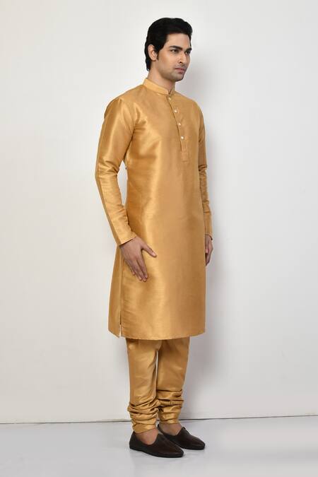 Arihant Rai Sinha_Gold Silk, Cotton Metallic Plain Long Kurta _at_Aza_Fashions