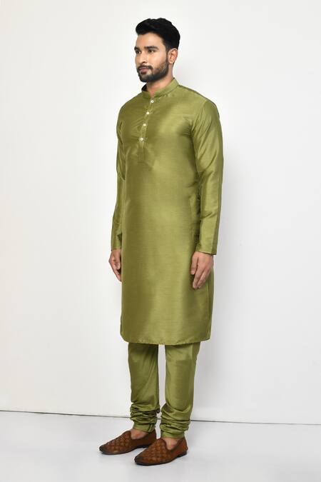 Shop_Arihant Rai Sinha_Green Silk, Cotton Mandarin Collar Straight Kurta _Online_at_Aza_Fashions
