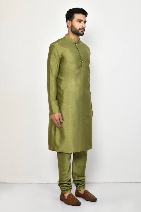 Arihant Rai Sinha_Green Silk, Cotton Mandarin Collar Straight Kurta _at_Aza_Fashions