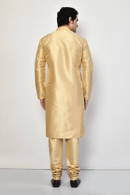 Shop_Arihant Rai Sinha_Gold Silk Mandarin Collar Metallic Kurta _at_Aza_Fashions