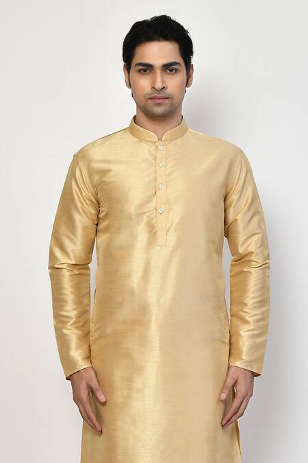 Arihant Rai Sinha Gold Silk Mandarin Collar Metallic Kurta Online at Aza Fashions Arihant Rai Sinha_Gold Silk Mandarin Collar Metallic Kurta _Online_at_Aza_Fashions