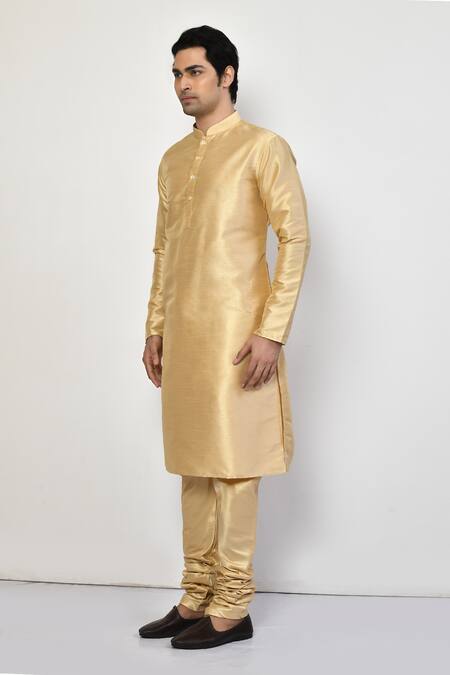 Shop_Arihant Rai Sinha_Gold Silk Mandarin Collar Metallic Kurta _Online_at_Aza_Fashions