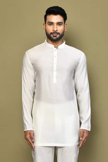Arihant Rai Sinha_White Silk, Cotton Plain Short Kurta_Online_at_Aza_Fashions