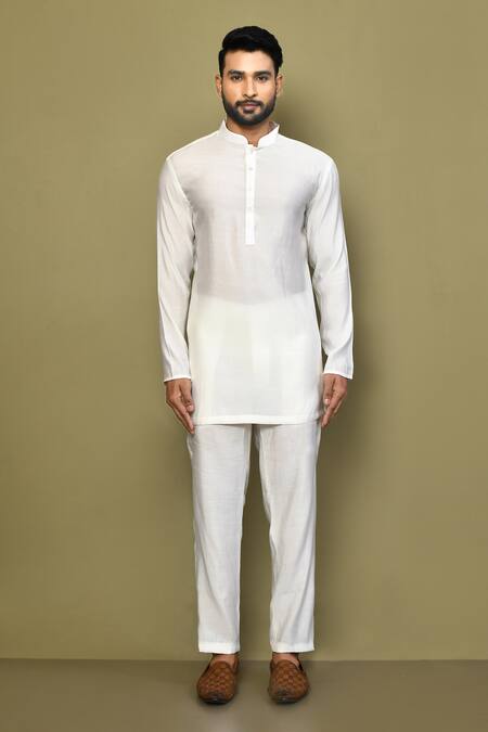 Buy_Arihant Rai Sinha_White Silk, Cotton Plain Short Kurta_Online_at_Aza_Fashions