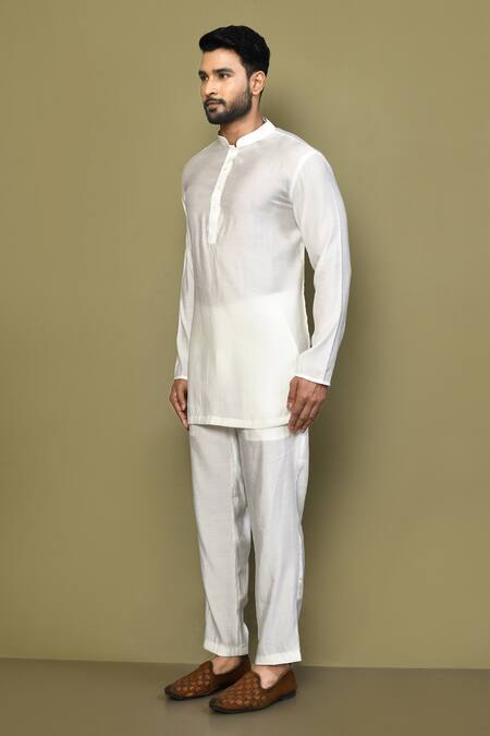 Shop_Arihant Rai Sinha_White Silk, Cotton Plain Short Kurta_Online_at_Aza_Fashions
