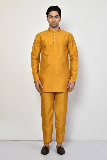 Buy_Arihant Rai Sinha_Yellow Silk Plain Short Bright Kurta _Online_at_Aza_Fashions