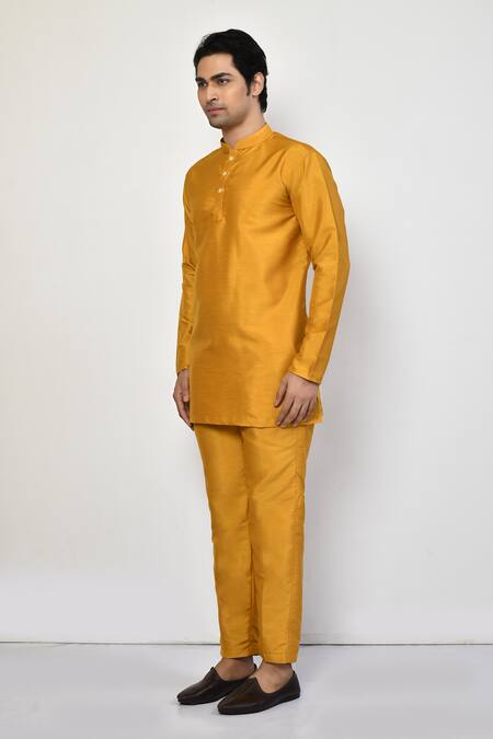 Shop_Arihant Rai Sinha_Yellow Silk Plain Short Bright Kurta _Online_at_Aza_Fashions