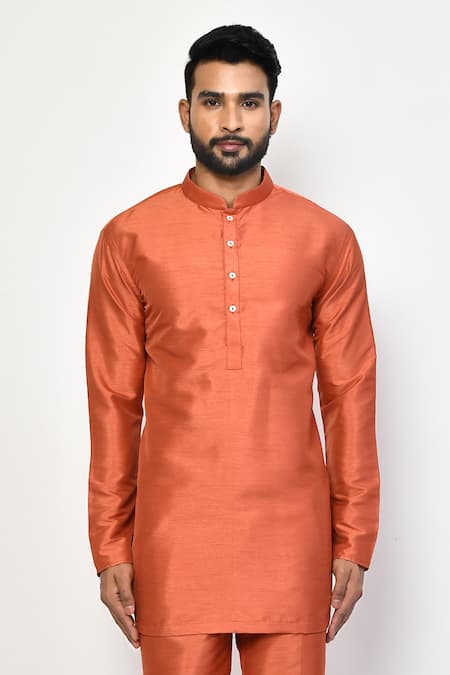 Arihant Rai Sinha Peach Silk, Cotton Plain Short Mandarin Collar Kurta Online at Aza Fashions Arihant Rai Sinha_Peach Silk, Cotton Plain Short Mandarin Collar Kurta _Online_at_Aza_Fashions
