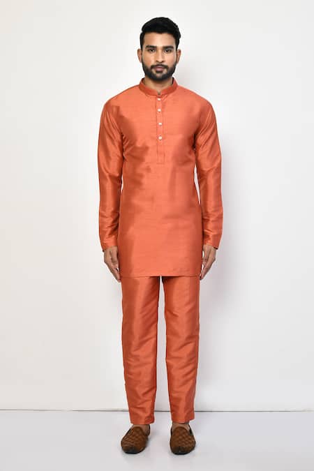 Buy_Arihant Rai Sinha_Peach Silk, Cotton Plain Short Mandarin Collar Kurta _Online_at_Aza_Fashions