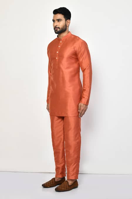 Shop_Arihant Rai Sinha_Peach Silk, Cotton Plain Short Mandarin Collar Kurta _Online_at_Aza_Fashions