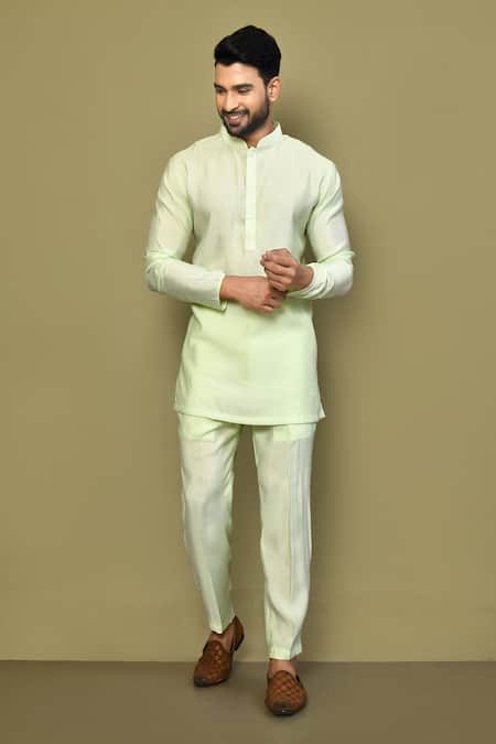 Arihant Rai Sinha Green Silk Plain Mandarin Collar Short Pastel Kurta