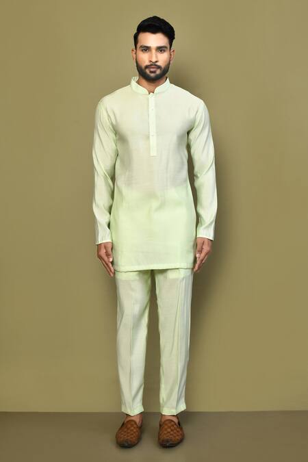 Buy_Arihant Rai Sinha_Green Silk, Cotton Mandarin Collar Short Pastel Kurta_Online_at_Aza_Fashions