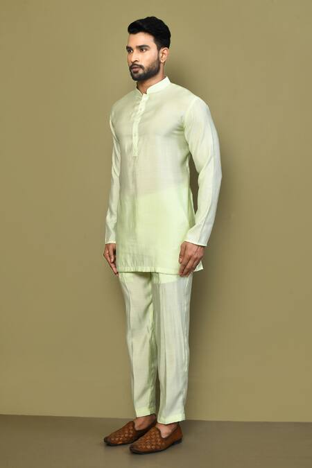 Shop_Arihant Rai Sinha_Green Silk, Cotton Mandarin Collar Short Pastel Kurta_Online_at_Aza_Fashions