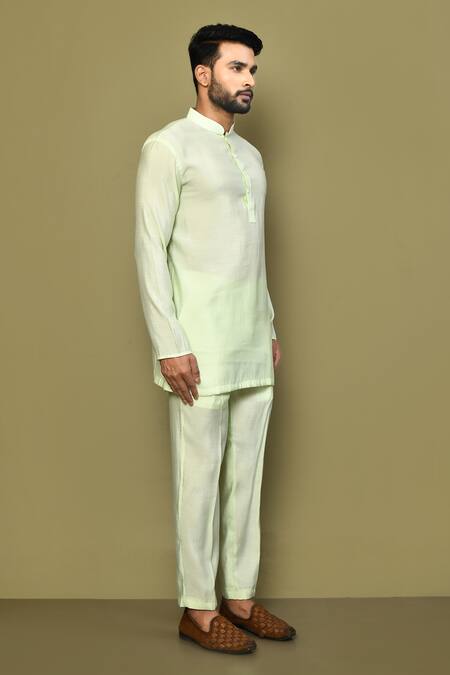 Arihant Rai Sinha_Green Silk, Cotton Mandarin Collar Short Pastel Kurta_at_Aza_Fashions