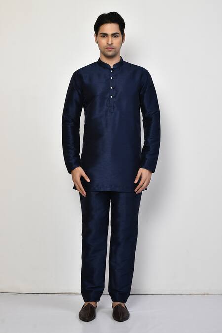 Buy_Arihant Rai Sinha_Blue Silk, Cotton Mandarin Collar Short Dark Kurta _Online_at_Aza_Fashions