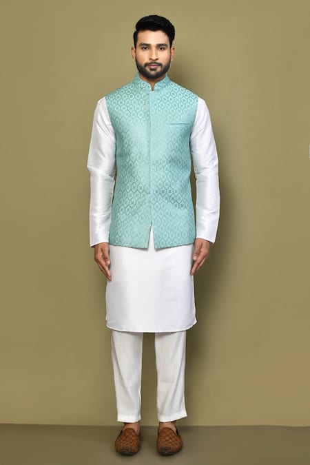 Arihant Rai Sinha_Blue Silk, Cotton Geometric Pattern Nehru Jacket _Online_at_Aza_Fashions