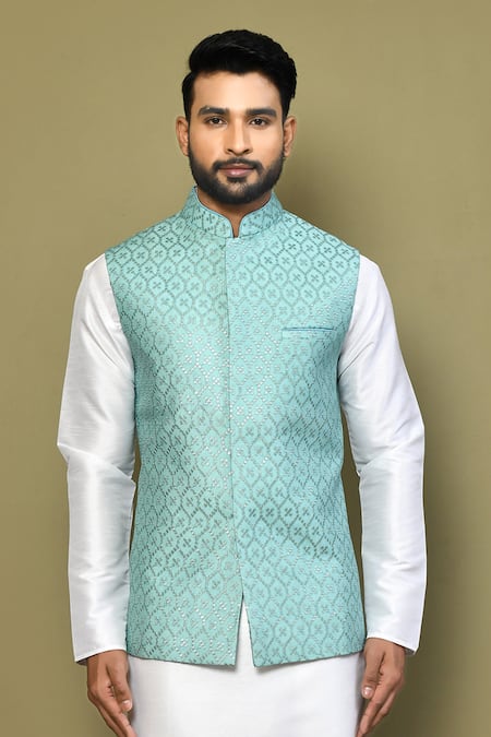 Buy_Arihant Rai Sinha_Blue Silk, Cotton Geometric Pattern Nehru Jacket _Online_at_Aza_Fashions