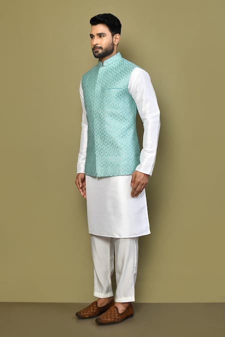 Shop_Arihant Rai Sinha_Blue Silk, Cotton Geometric Pattern Nehru Jacket _Online_at_Aza_Fashions