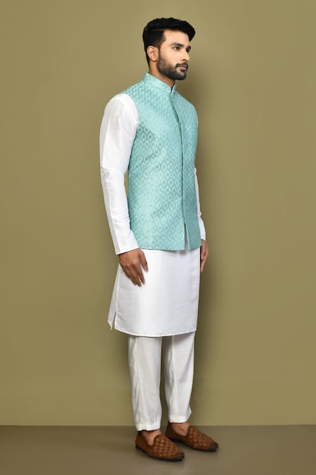 Arihant Rai Sinha_Blue Silk, Cotton Geometric Pattern Nehru Jacket _at_Aza_Fashions