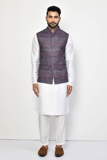 Arihant Rai Sinha_Purple Linen, Cotton Abstract Geometric Nehru Jacket _Online_at_Aza_Fashions