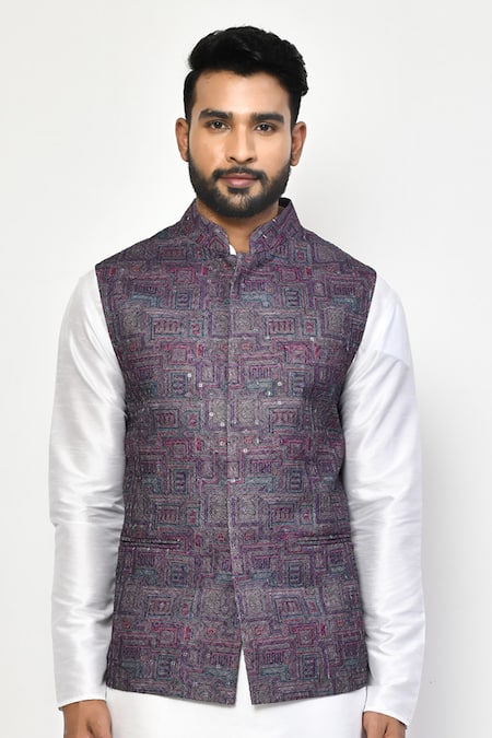 Buy_Arihant Rai Sinha_Purple Linen, Cotton Abstract Geometric Nehru Jacket _Online_at_Aza_Fashions