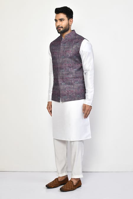 Shop_Arihant Rai Sinha_Purple Linen, Cotton Abstract Geometric Nehru Jacket _Online_at_Aza_Fashions