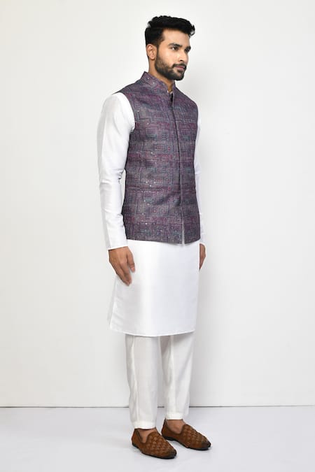 Arihant Rai Sinha_Purple Linen, Cotton Abstract Geometric Nehru Jacket _at_Aza_Fashions