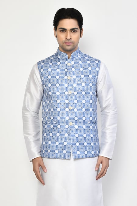 Buy_Arihant Rai Sinha_Blue Silk, Cotton Geometric Mandala Nehru Jacket _Online_at_Aza_Fashions