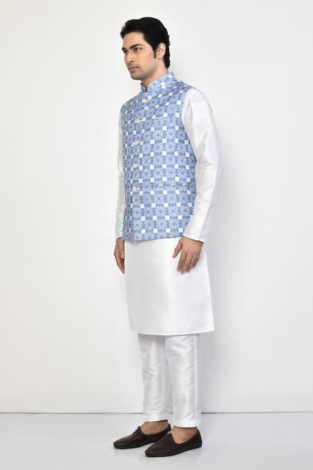 Shop_Arihant Rai Sinha_Blue Silk, Cotton Geometric Mandala Nehru Jacket _Online_at_Aza_Fashions