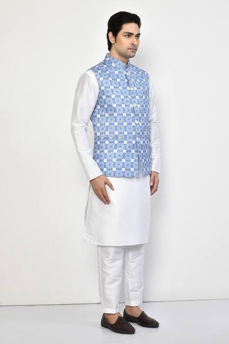Arihant Rai Sinha_Blue Silk, Cotton Geometric Mandala Nehru Jacket _at_Aza_Fashions