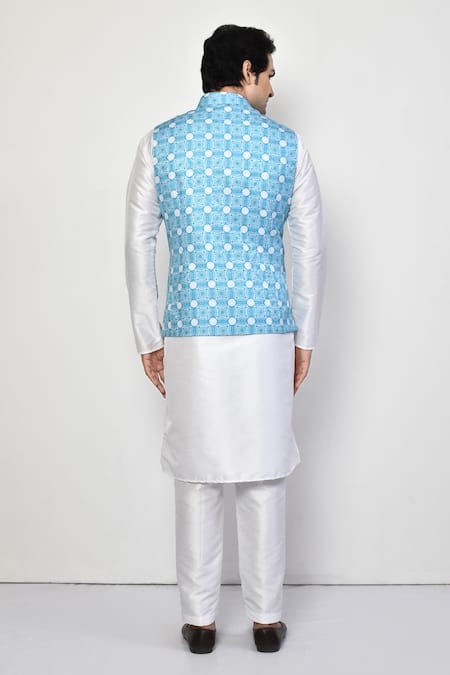 Shop Arihant Rai Sinha Blue Silk, Cotton Embroidery Sleeveless Geometric Mandala Nehru Jacket at Aza Fashions Shop_Arihant Rai Sinha_Blue Silk, Cotton Embroidery Sleeveless Geometric Mandala Nehru Jacket _at_Aza_Fashions