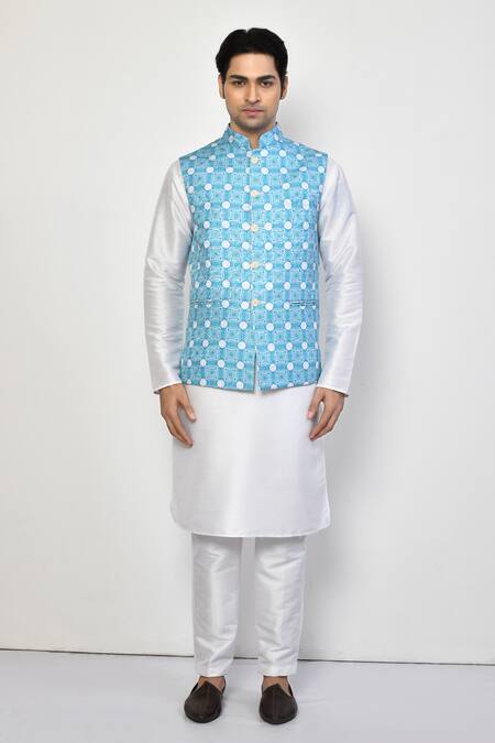 Arihant Rai Sinha Blue Silk, Cotton Embroidery Sleeveless Geometric Mandala Nehru Jacket Online at Aza Fashions Arihant Rai Sinha_Blue Silk, Cotton Embroidery Sleeveless Geometric Mandala Nehru Jacket _Online_at_Aza_Fashions