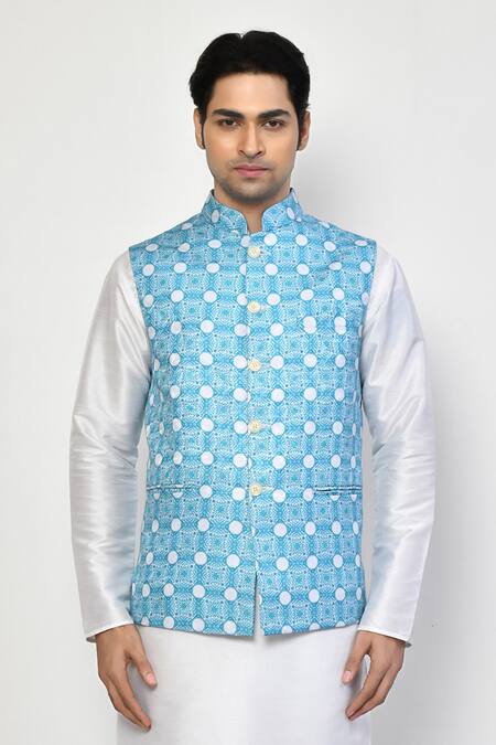 Buy Arihant Rai Sinha Blue Silk, Cotton Embroidery Sleeveless Geometric Mandala Nehru Jacket Online at Aza Fashions Buy_Arihant Rai Sinha_Blue Silk, Cotton Embroidery Sleeveless Geometric Mandala Nehru Jacket _Online_at_Aza_Fashions